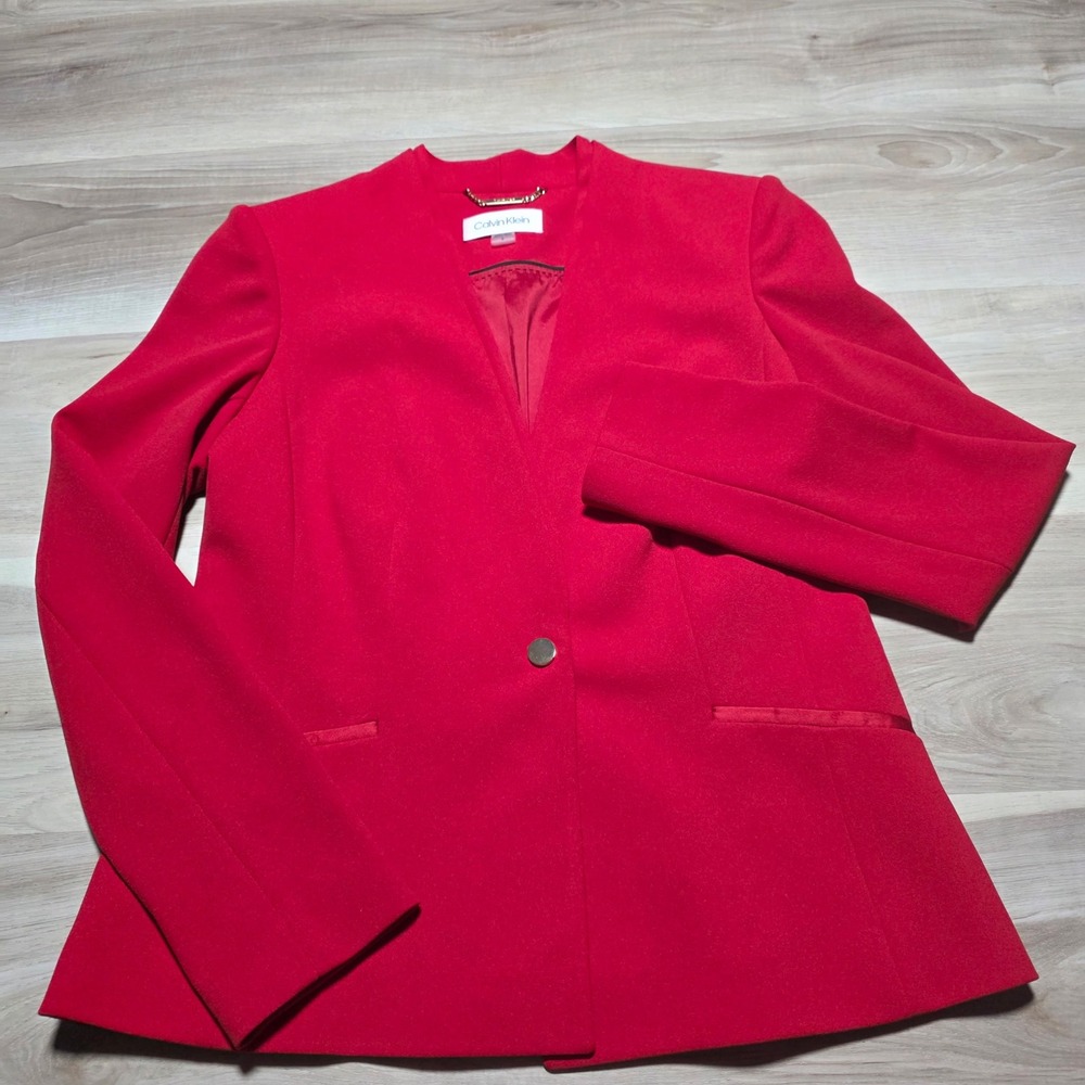 Calvin Klein Blazer Women 6 Red‎ Collarless Single Button Career Professional - Picture 2 of 9